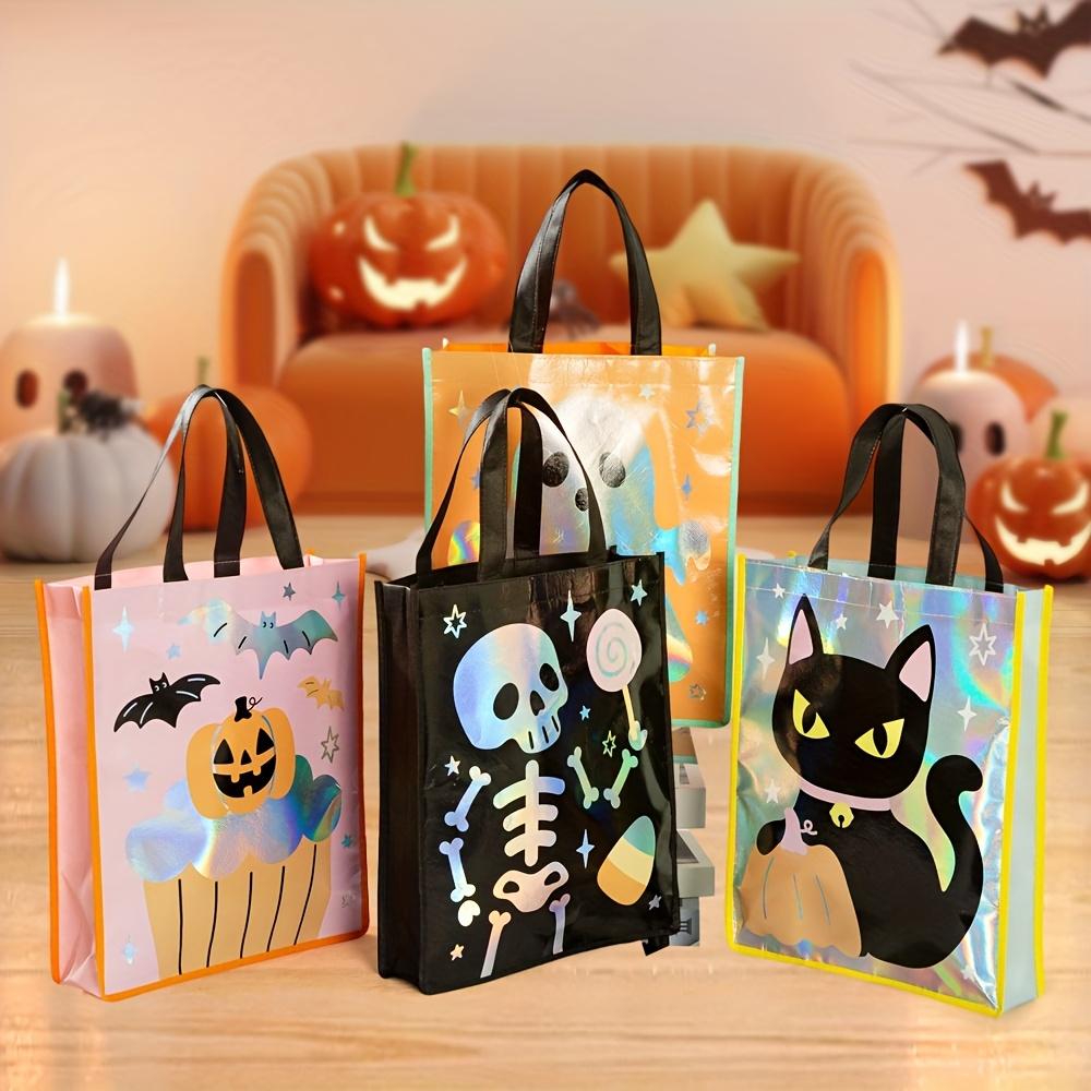 Halloween Party Bags - Non-Woven Fabric Gift Bags with Pumpkin, Grimace, Cat, Bats, Candy Designs  - Sturdy Handles for Trick