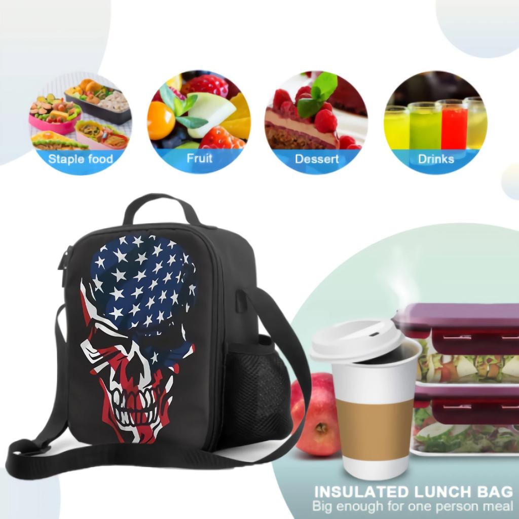 American Flag Skull Head Insulated Lunch Box Leakproof Portable Lunch Bag with Adjustable Shoulder Strap Reusable Cooler Bag