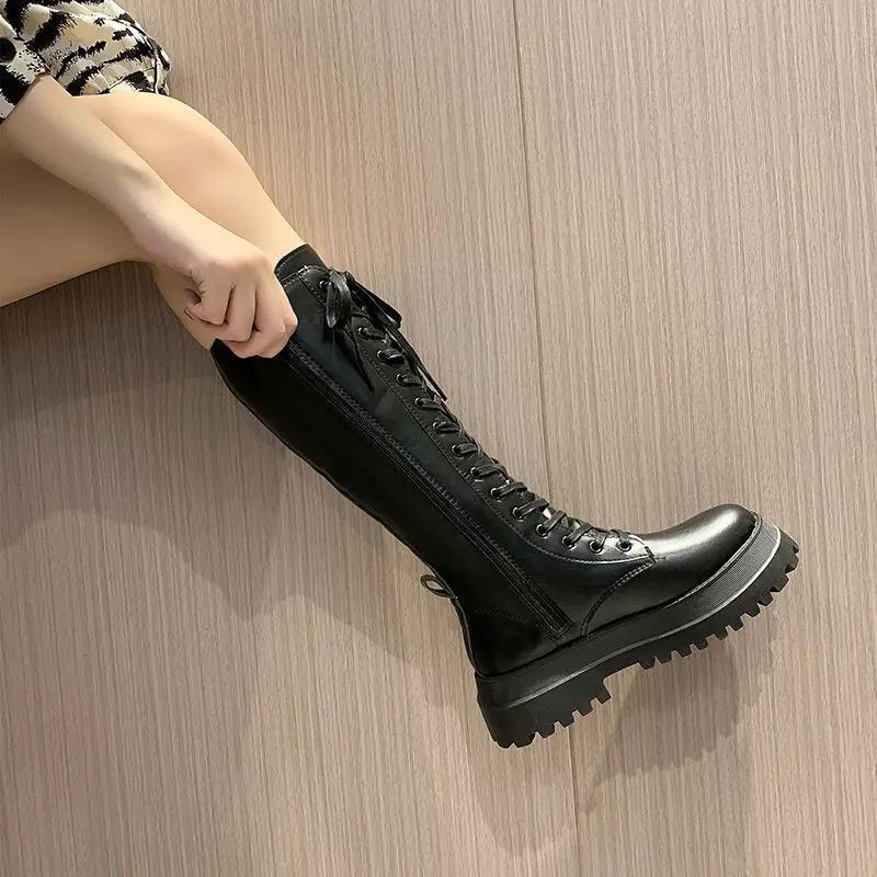 2026 New Zip Black Knee High Boots for Women Spring Pu Leather Ladie Punk Long Female Lace Up Thigh High Boots  Botas Para Mujer