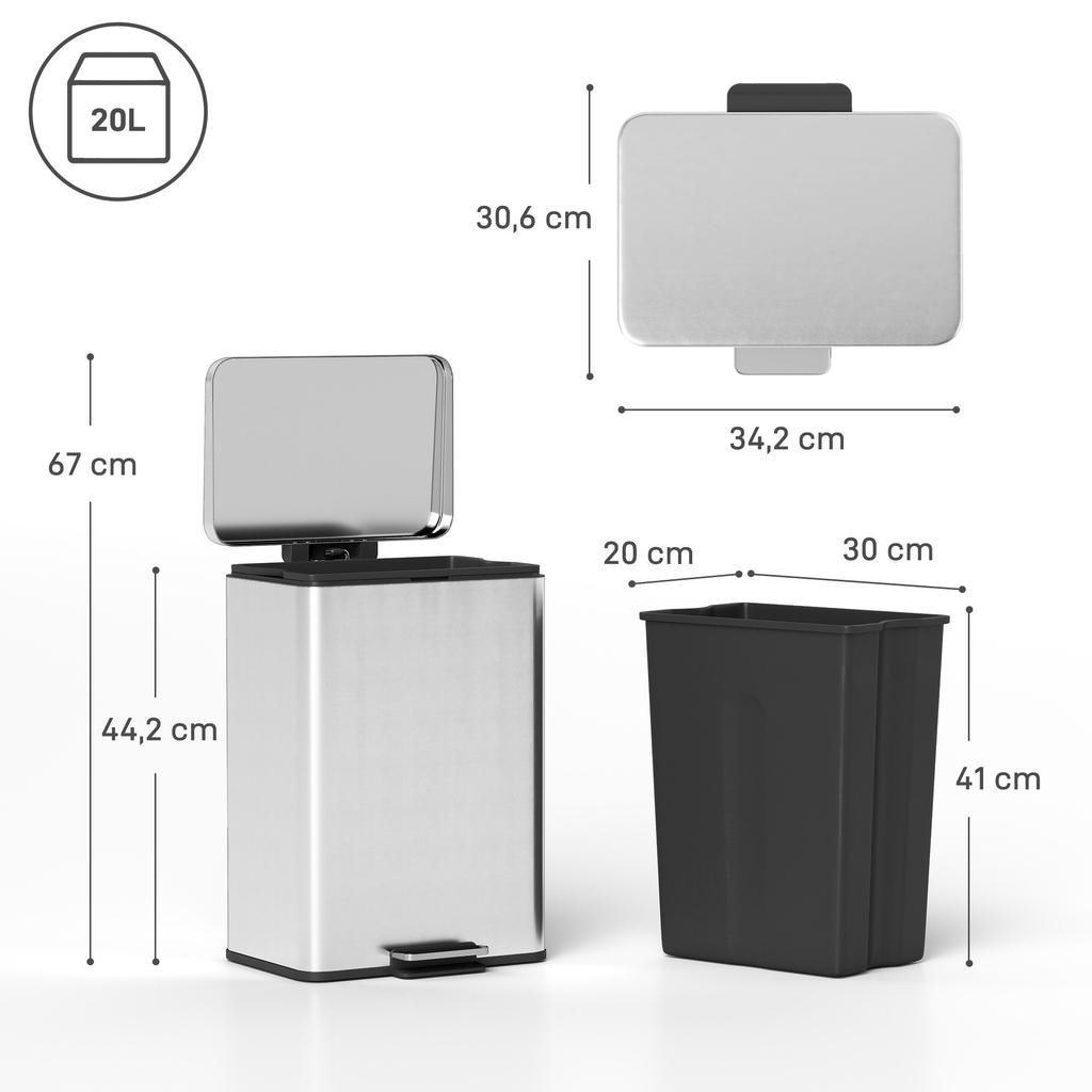 Kitchen Bin, 20 L Stainless Steel, Foot Pedal, Soft-Close Lid, Silver