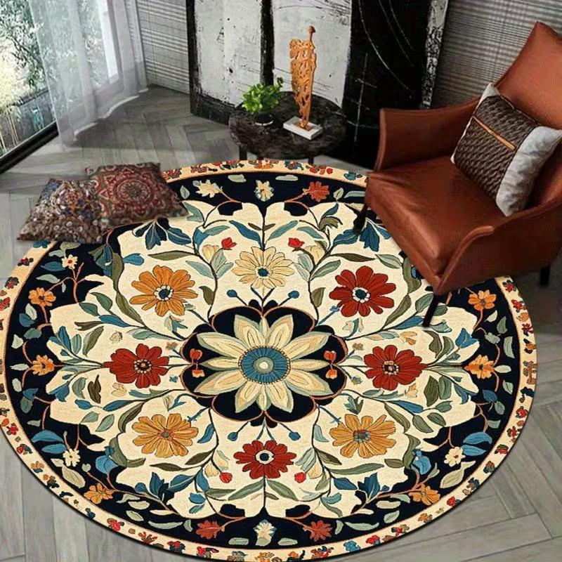 Vintage Bohemian Multicolor Floral Round Rug Non Slip Soft Circular Floor Mat Ethnic Mandala Flower Pattern For Living Room