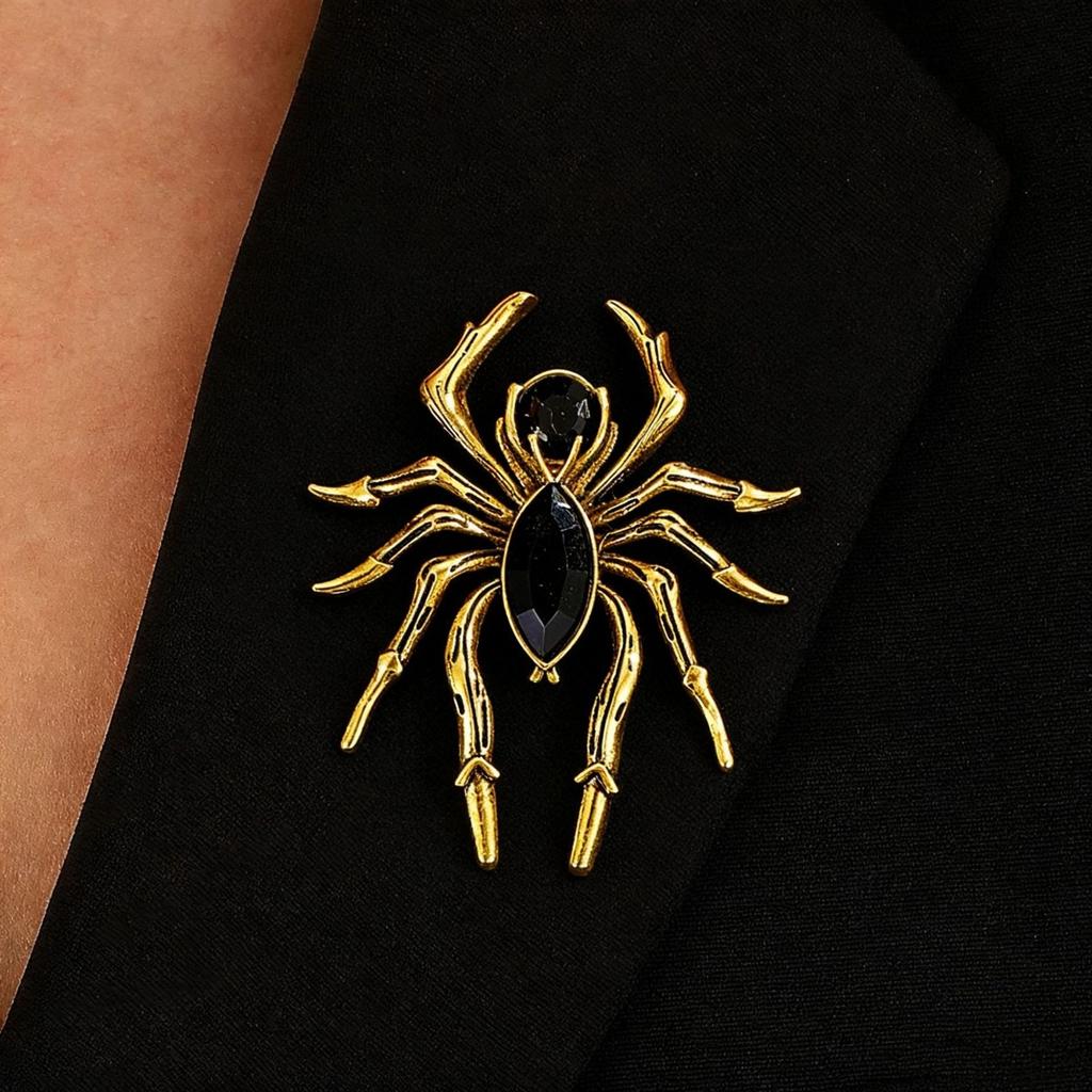 Vintage Black Inlaid Spider Shape Brooch Personality Suit Lapel Pin Fashion Animal Decorative Accessory for Men Women Halloween Daily Outfits