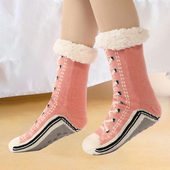 1 Pair Winter Socks Shoes Pattern Plush-lined Warmth Retention Christmas High-tube Socks Leg Warmer Fall