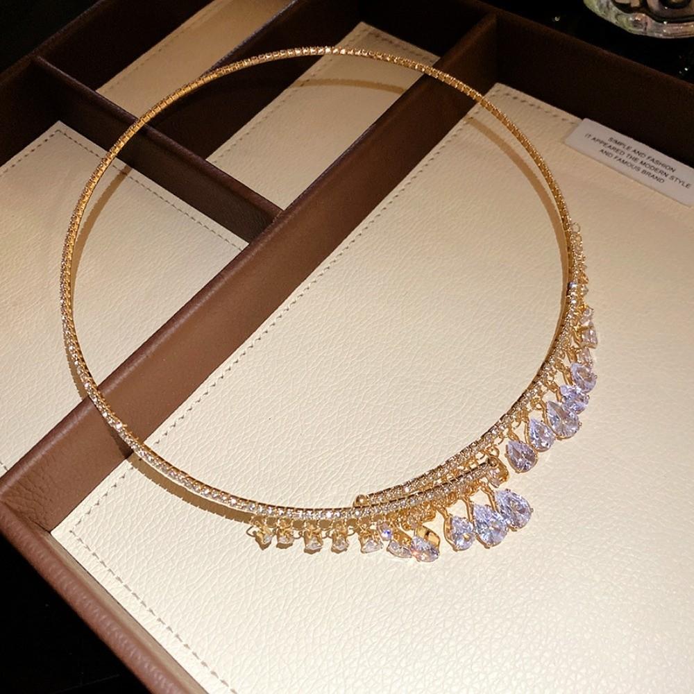

Crystal Rhinestone Jewelry Elegant Neck Chain Choker Luxury Bridal Tassel Necklaces Party StyleB Gold