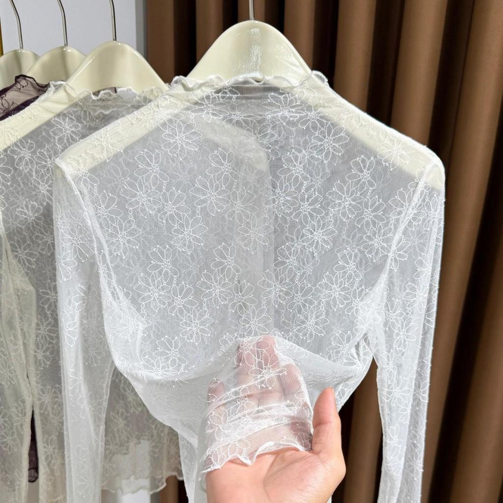 Purple Lace High Collar Sheer Slimming Top - Women's Fall Fashion