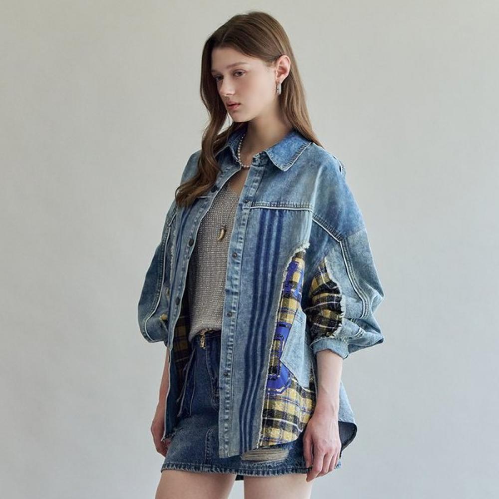 Maxza Check Patchwork Loose Fit Denim Shirt Zf05qj012nh yellow/FREE