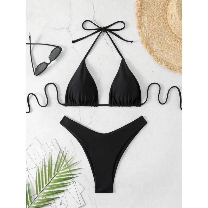 Sexy Solid Halter Lace Up Low Waist Bikini Set Women's 2 Pieces Swimsuit Triangle Thong Swimwear Bathing Suit Brazilian Biquini