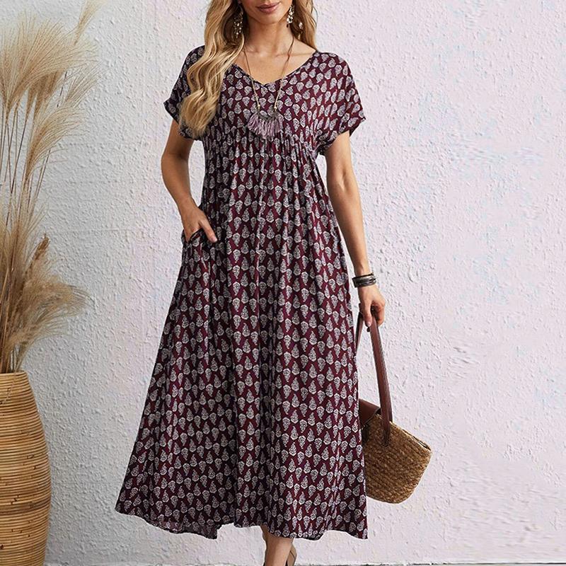 Letnia sukienka vintage z krótkim rękawem i dużym rozmiarem, damska, dekolt w serek, elegancka, swobodna, długa sukienka, damska, linia A, nadruk, luźne, oversize'owe sukienki damskie 24517