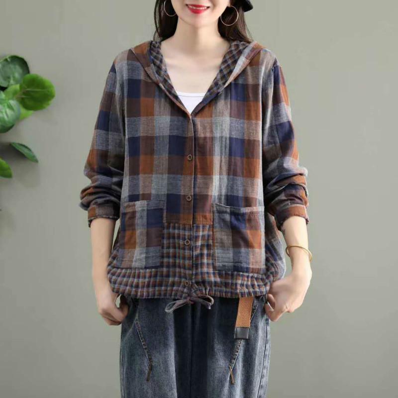 Fashion Korean Spring Clothes Womens Plaid Hooded Shirts Ladies Linen Loose Blouses Female Casual Oversized