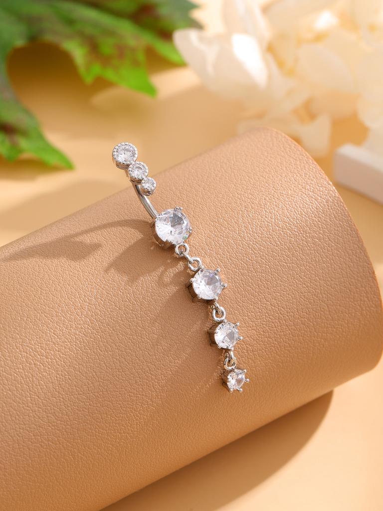 Gold Stainless Steel Long Dangle Flower CZ Belly Button Ring for Women