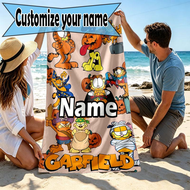 Custom Name Personalized Garfield Print Beach Towel, for Trip Camping Beach Party Home Decor, Birthday Gift for Family & Friends
