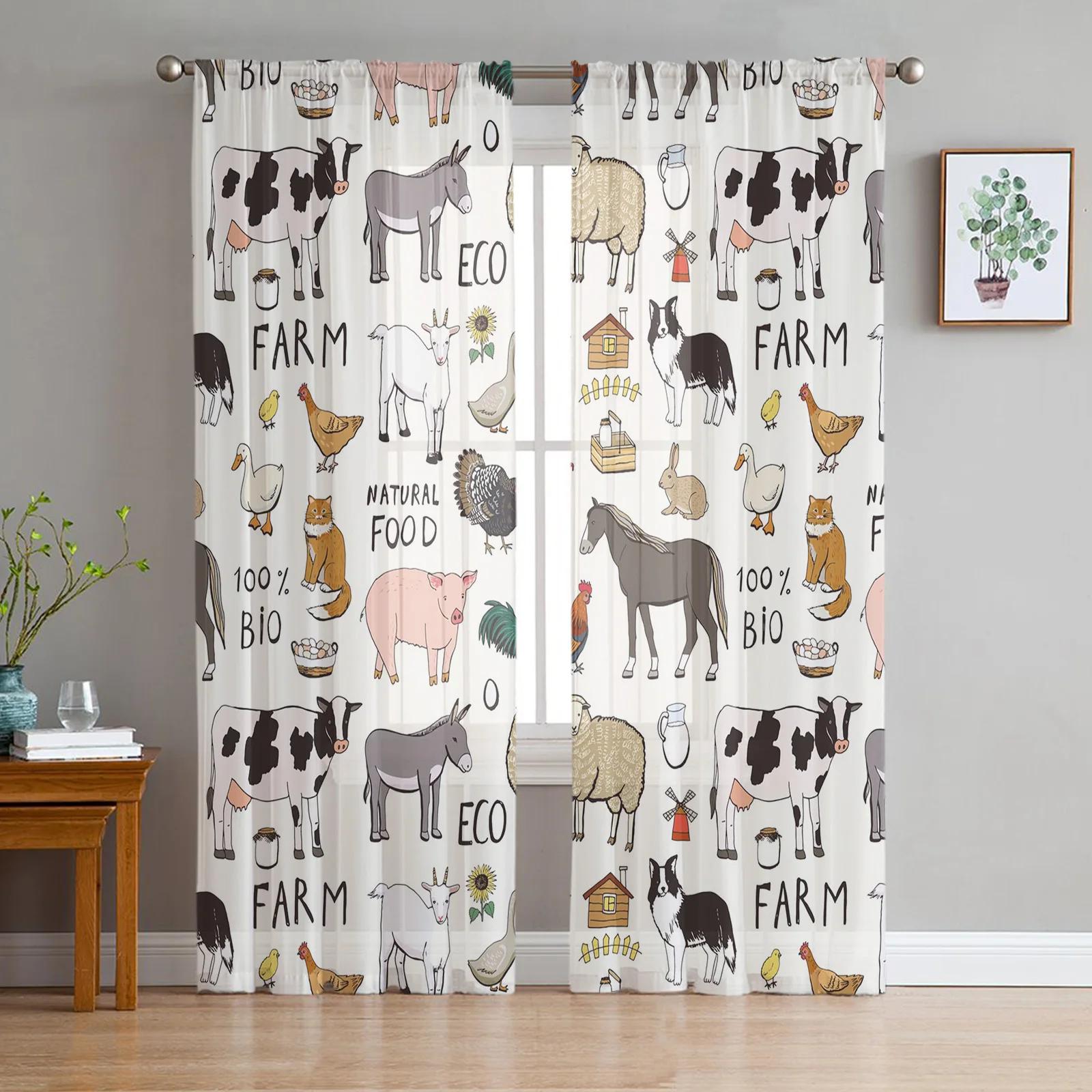 

Animated Cartoon Animals Farm Transparent Drapes Living Room Window Panel Fine Netting Drapes For Bed Chamber Cooking Area Household Decoration W135 x H115cm x1&Grommet Top
