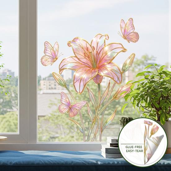 Vinduesklistermærker Lyserød Blomstret Sommerfugle Design Tosidet Synlighed Elektrostatisk Adsorption Glasmærkat Bolig Butiksvindue Dekoration