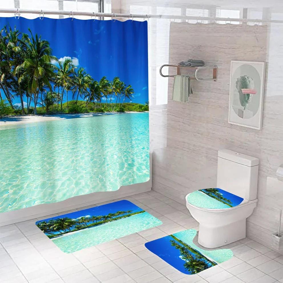 3D Seascape Beach Theme Shower Curtain Sets Toilet Cover Bath Mat Carpet Rugs Bathroom Drapes Shower Curtain Set With Hooks