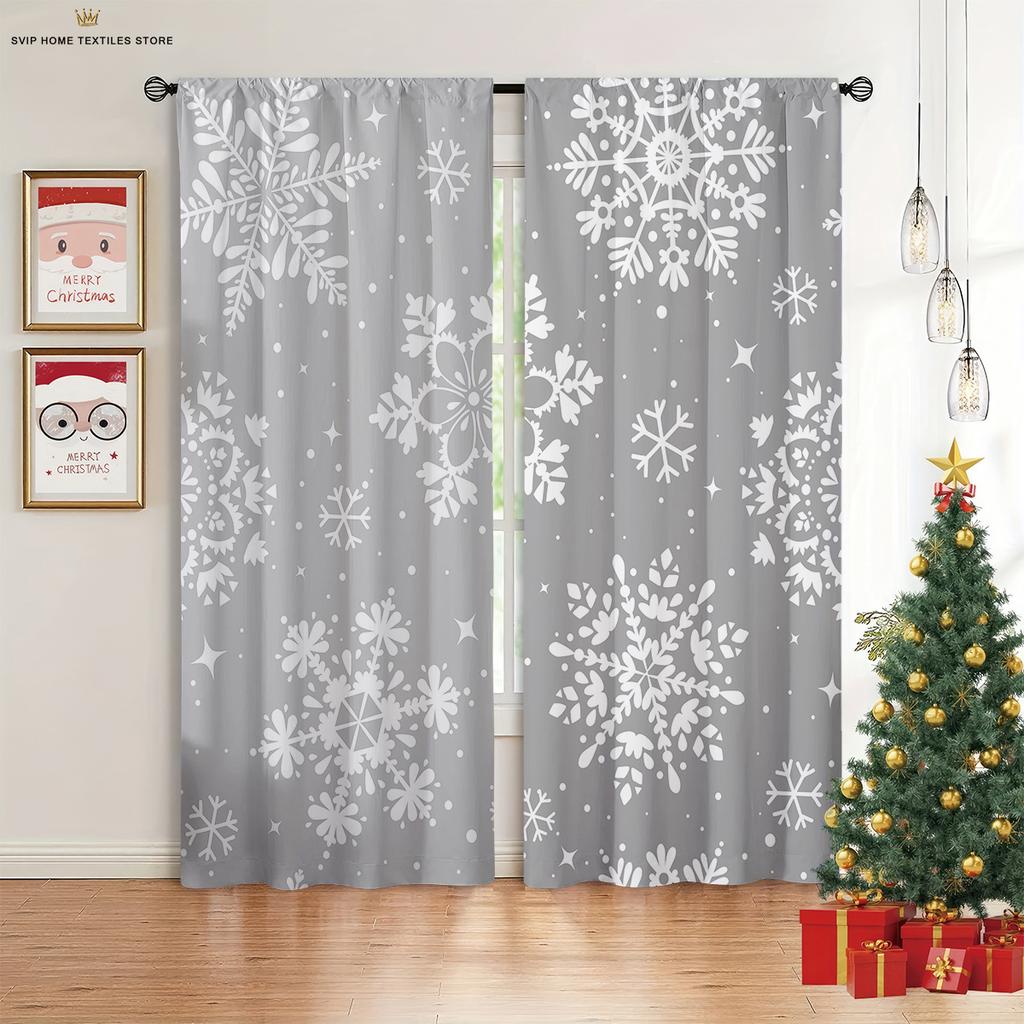 2pcs Cartoon Santa Claus Merry Christmas Printed Curtains Kids Gift Bedroom Restaurant Holiday Party Decorative Curtains