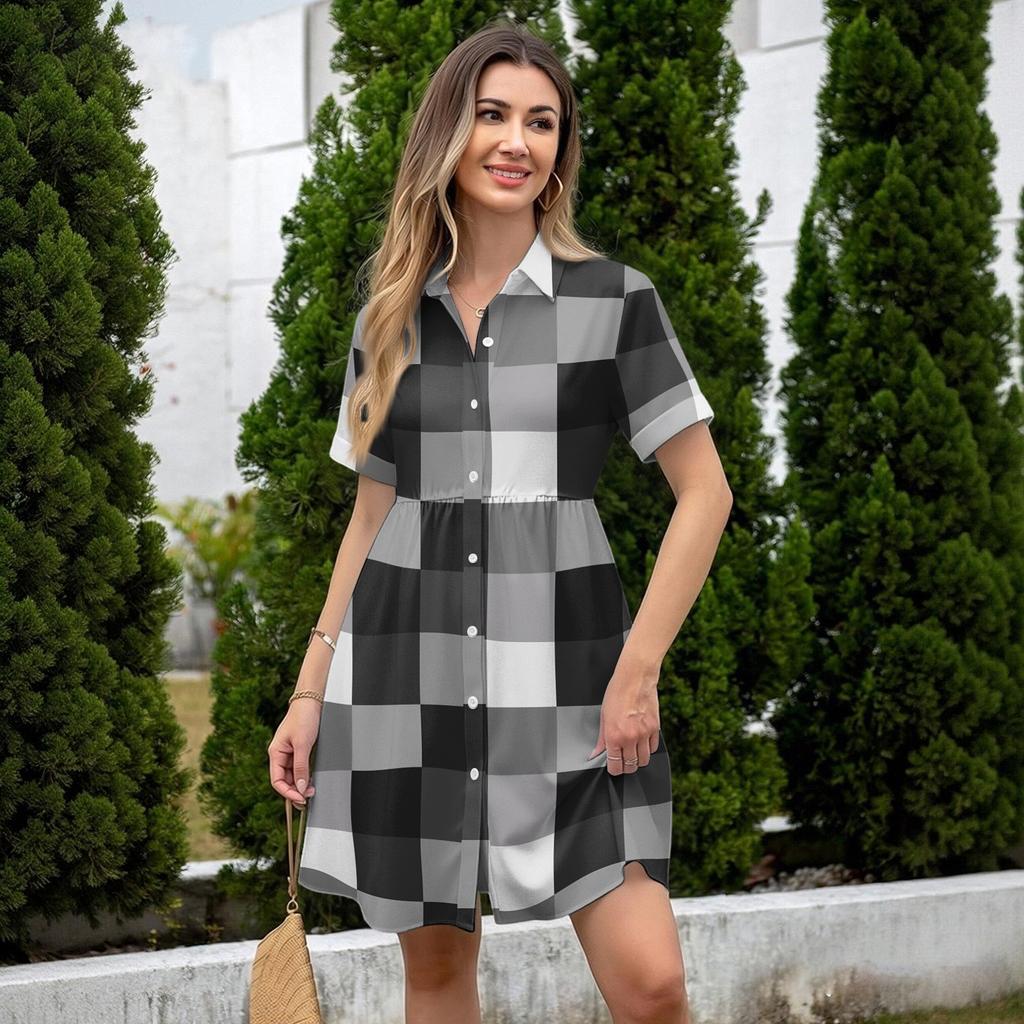 Casual Loose Fit Shirt Dress with Button Front and Stand Collar Short Sleeve Relaxed Fit Plaid Pattern Dress for Women