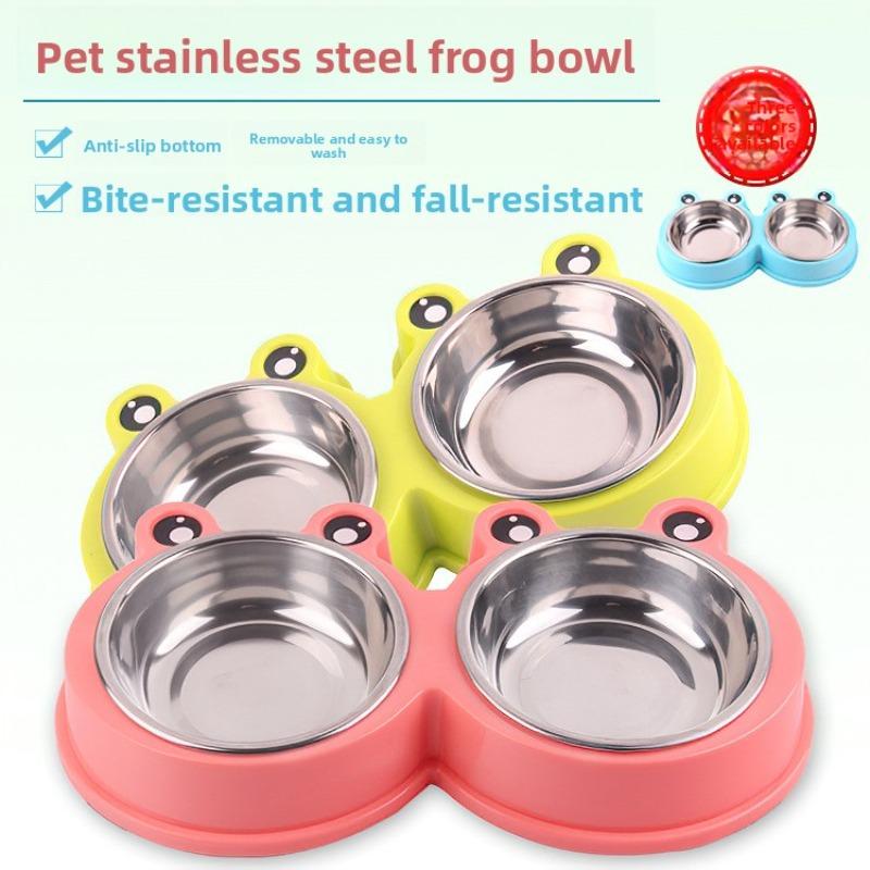 Pet Bowls, Plastic Cartoon Frogs, Double Bowls, Pet Stainless Steel Bowls, Pet Feeders, Cat Bowls, Dog Basins, Pet Supplies