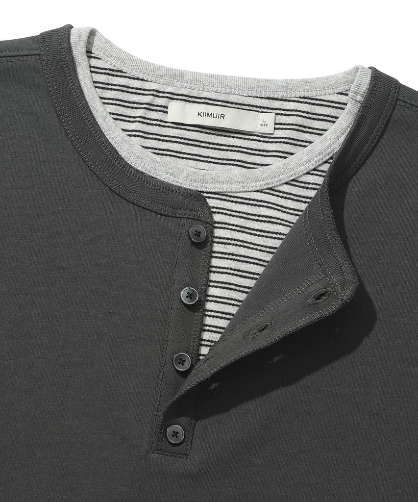 KIIMUIR [Crop] Striped Layered Henley Neck Short Sleeve T-Shirt_Charcoal