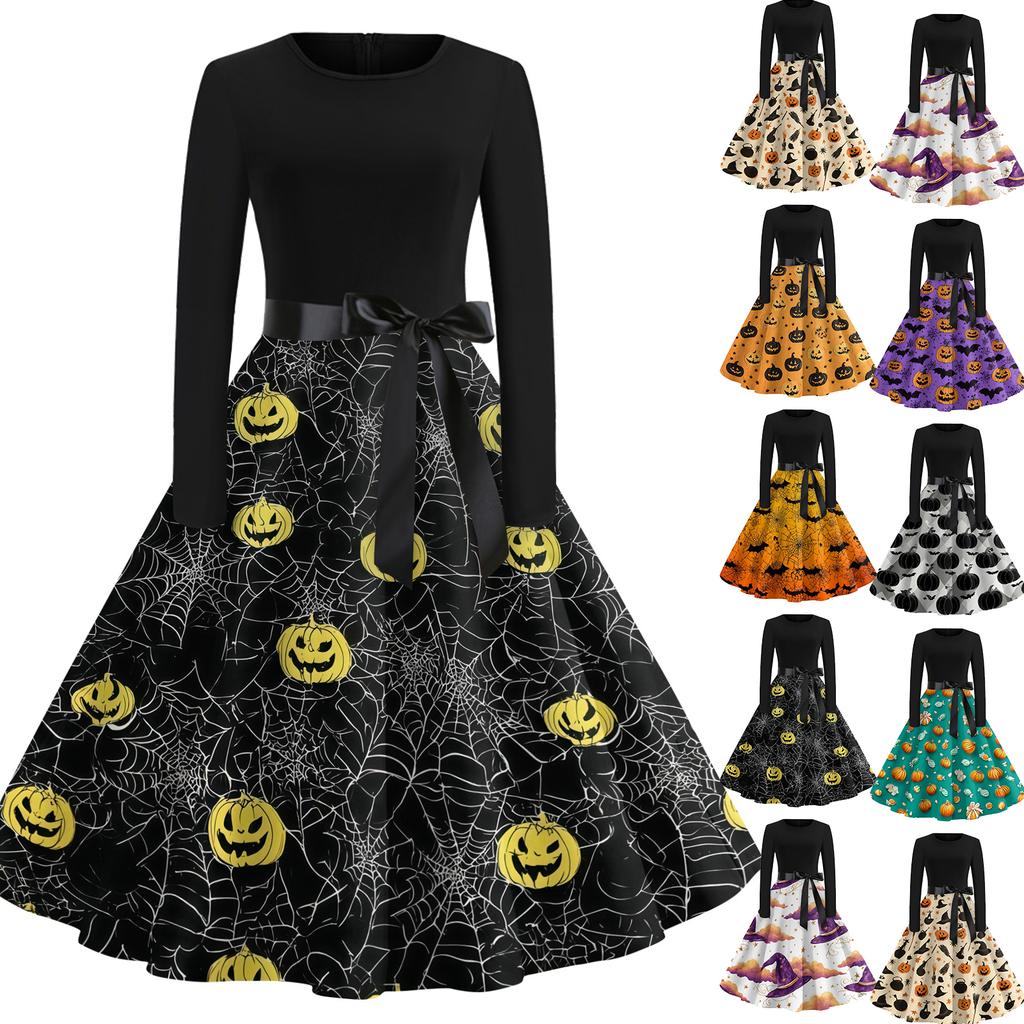 Women's Casual Halloween Print Round Neck Vintage Dress Long Sleeve Fit and Flare Midi Dress with Waist Tie for Seasonal Occasion
