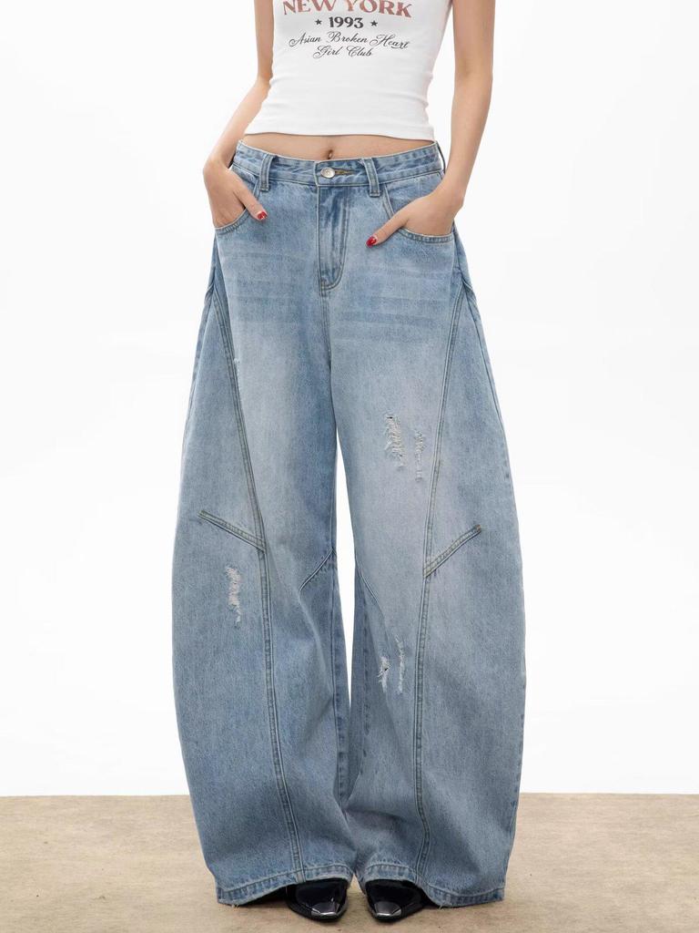 Vintage Women’s Wide-Leg Washed Scimitar Jeans - Retro, Loose Fit, Deconstructed Casual Pants