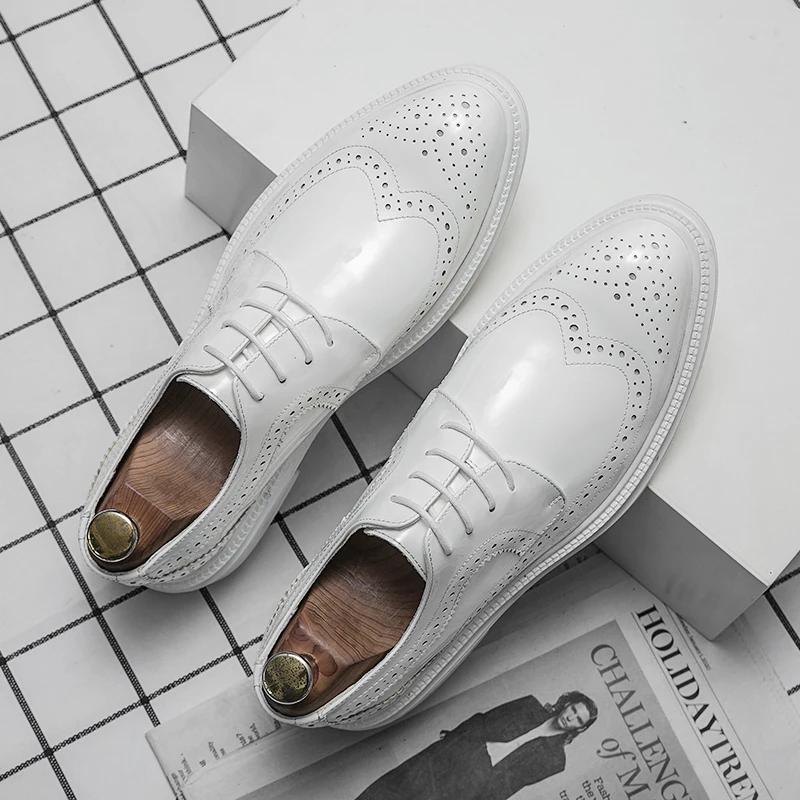 Fashion White Oxford Shoes Men's Lace-up Business Leather Shoes British Style Fashion Brogues Shoes Slip on Low-heeled Mens Dress Shoe
