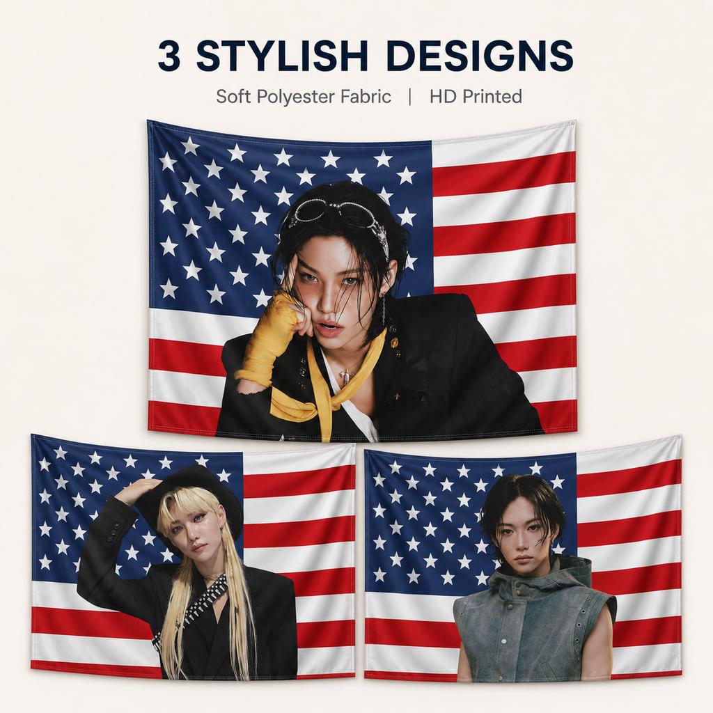K-Pop Boy Idol Portrait Tapestry American Flag Background Flat Print Wall Hanging For Music Fans Bedroom Dorm Decor