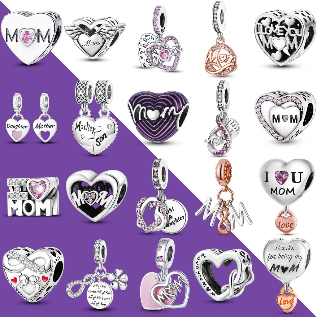925 Sterling Silver Dangle Charm Beads Family Heart Fit Original Bracelet DIY For Pendant Necklace Making Mother's Day