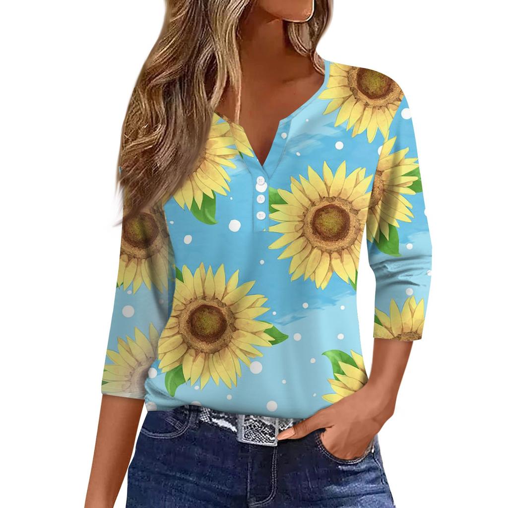Women's T Shirt Tee Print Button 3/4 Sleeve Daily Weekend Fashion Basic V- Neck Regular Top
