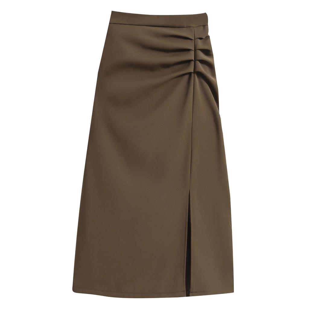 Women’s High-Waisted Black Midi Skirt with Slit – Elegant Draping for Spring and Autumn 2024.
