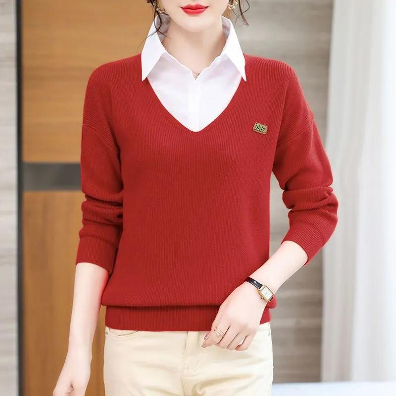 WTEMPO Umlegekragen Strickpullover Damen Einfarbig Langarm Pullover Slim Lässig Streetwear