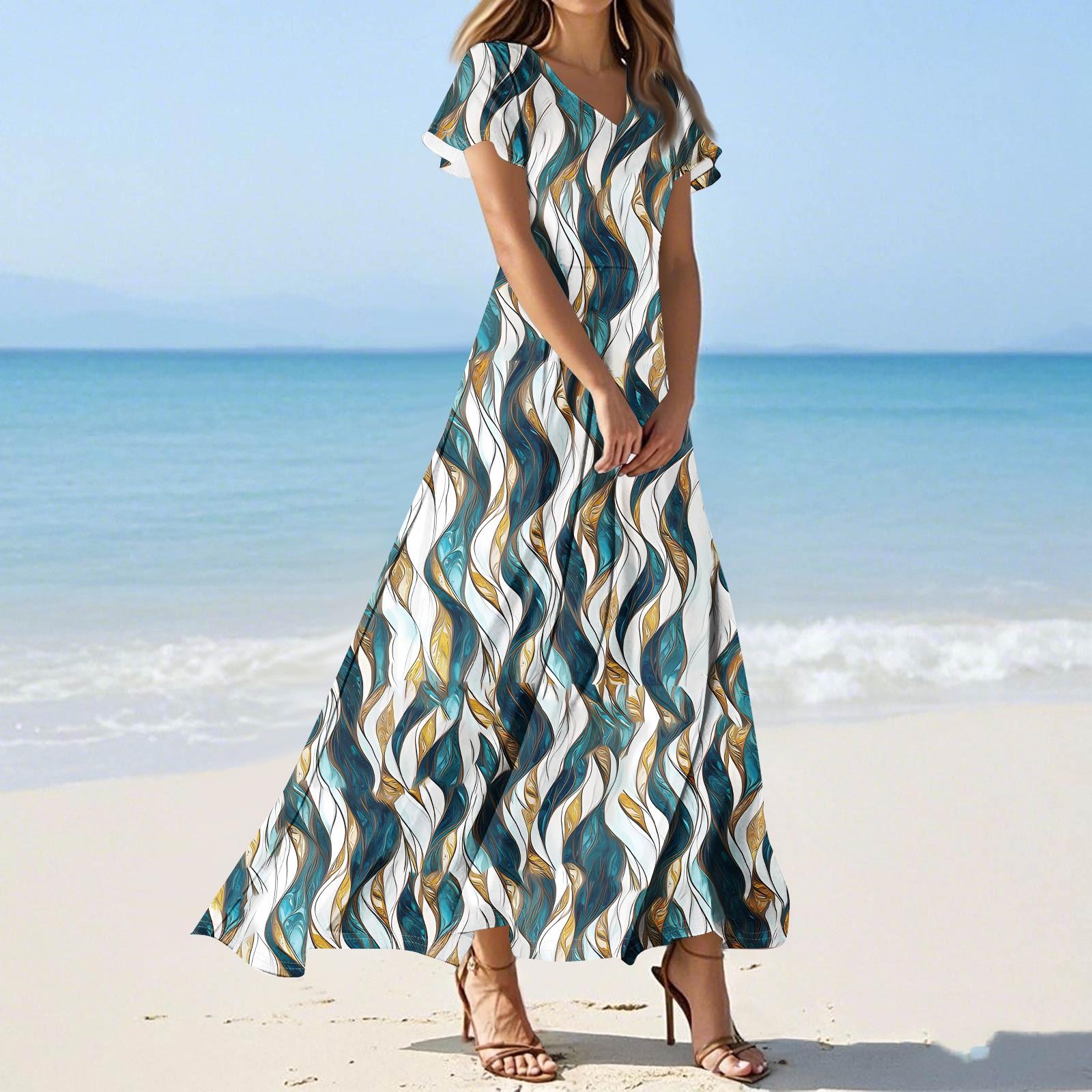 

Женские повседневные модные длинные платья с принтом, платья с V-образным вырезом и коротким рукавом M