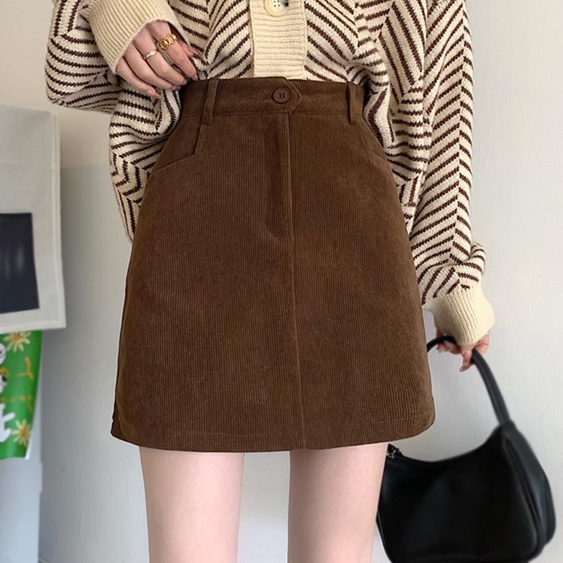 Women s Coffee Corduroy High Waist A-line Skirt - Korean Style, Autumn/Winter, Slim Fit Large