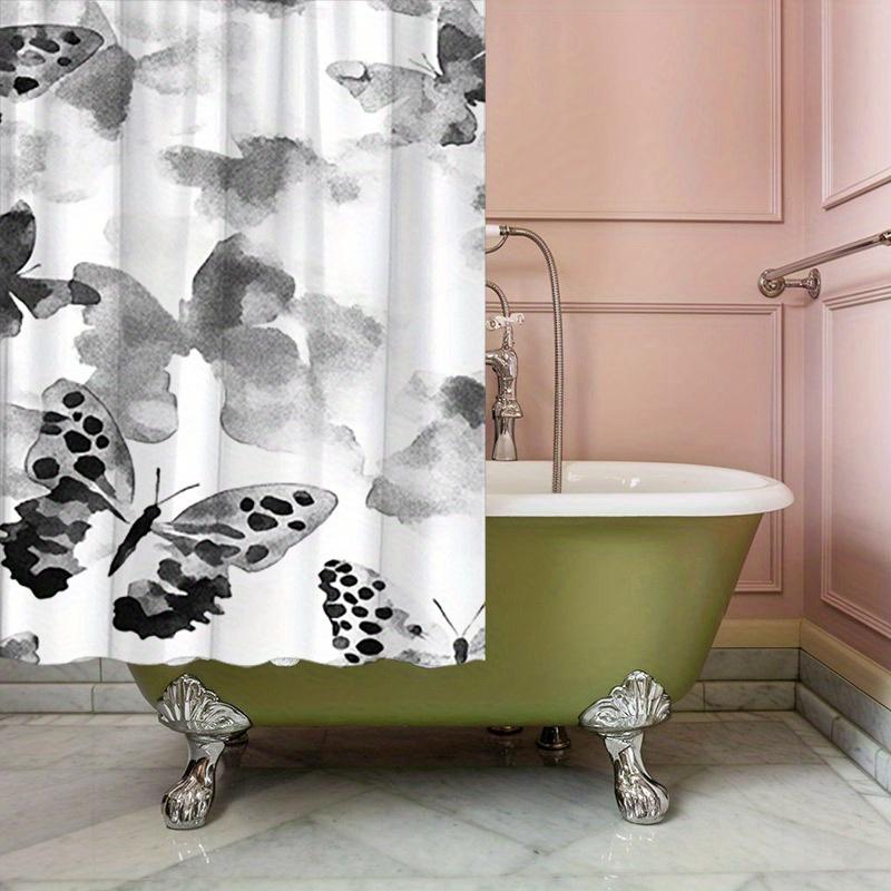 Zarte Schmetterlinge Aquarell Duschvorhang - Sanftes Schwarz & Weiß, Abstrakter verträumter Hintergrund, Polyester