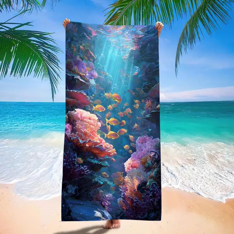 Vibrant Underwater Coral Tropical Fish Print Beach Towel Quick Dry Sand Resistant Towels for Beach Pool Vacation Camping