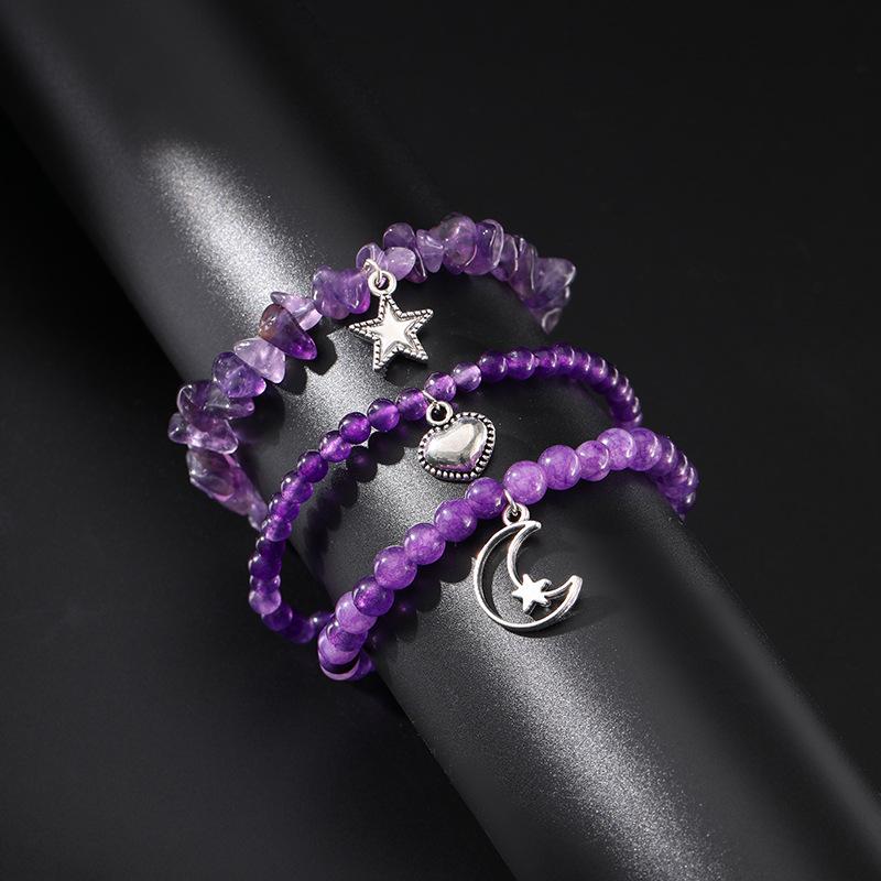 Gravel stone beads three-piece label bracelet simple new star moon pendant elastic rope bracelet