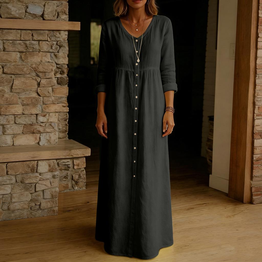 Modisches, lässiges Damenkleid aus Baumwoll-Leinen-Mischgewebe mit langen Ärmeln und Knopfleiste