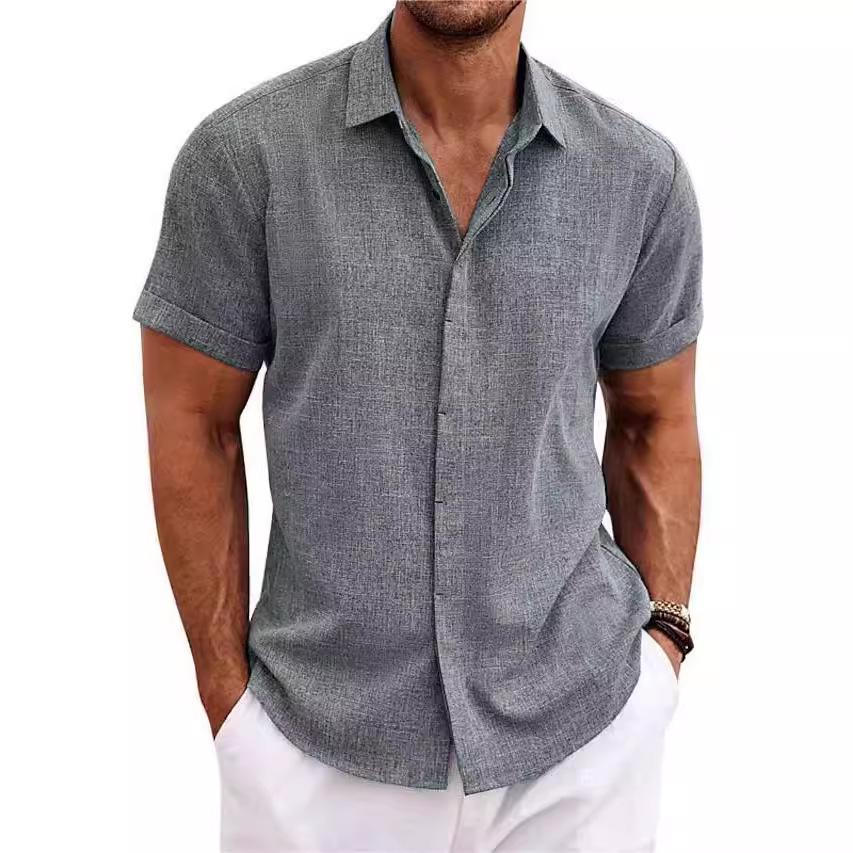 

2024 European & American Men s Double-Breasted Cotton-Linen Short Sleeve Cardigan - High-Quality Solid Color Summer Shirt L серый