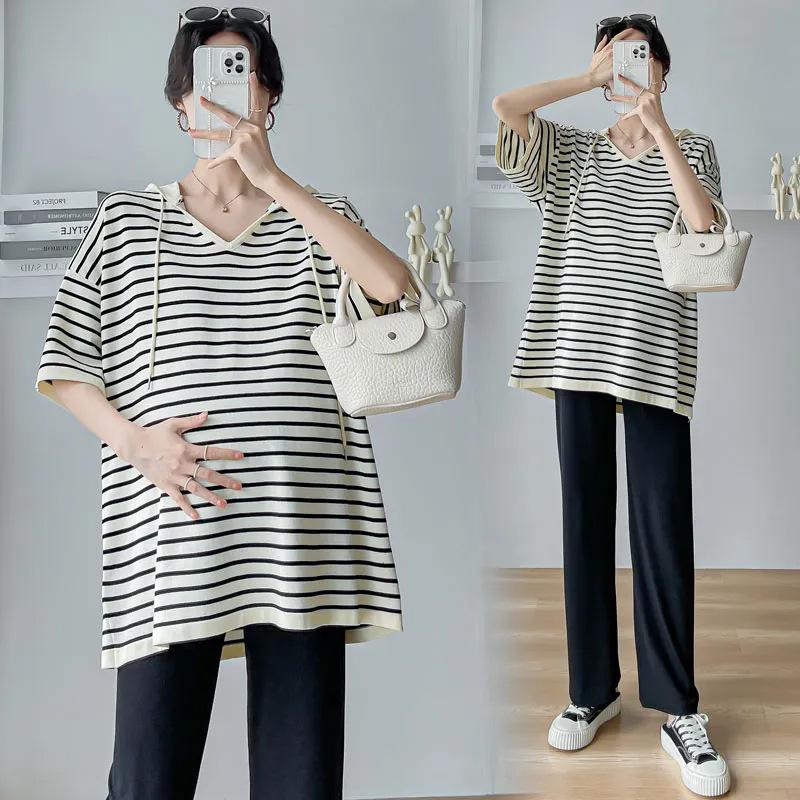 Maternity Clothes Summer Large Size Striped Medium-sleeved Hooded Mi To Cover the Belly and Look Thin Without Showing Off the Trendy Shirt