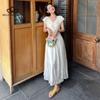 Elegante französische Blattstickerei Tencel V-Ausschnitt Spitze Feenrock Kurzarmkleid Langes Kleid Lässiger Stil Elegantes Kleid