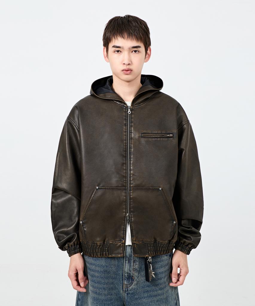 Dimitri Black 2Way Vtg Washed Pu Zip-Up Hoodie_Brown