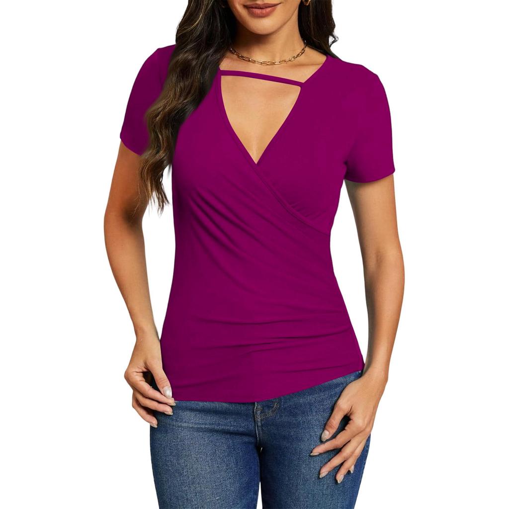 Camiseta de manga corta con cuello cruzado y escote en V, estilo sexy y plisado cruzado, ideal para el verano.