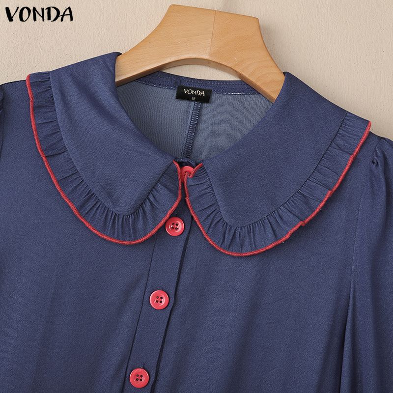 VONDA Women Turn Down Collar Long Sleeve Stitching Plaid Print Casual Ruffled Dress