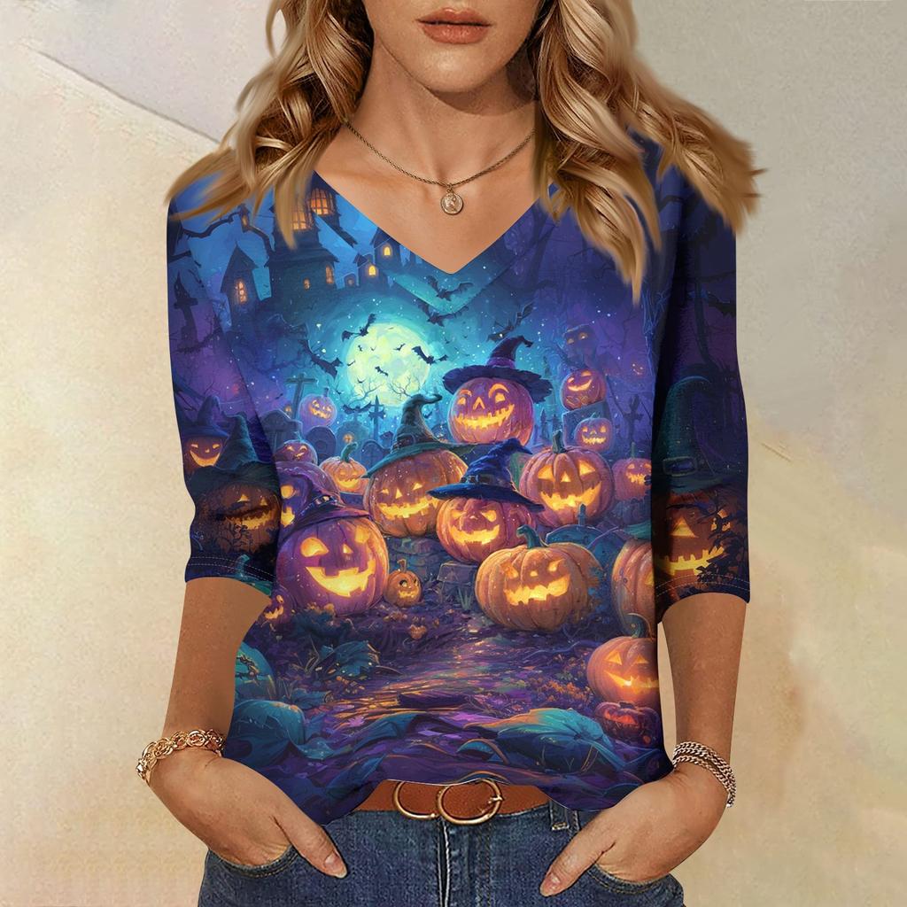 Women's Halloween Print V Neck Top 3/4 Sleeve Casual Shirt Lightweight Comfortable Fit Suitable for Seasonal Wear