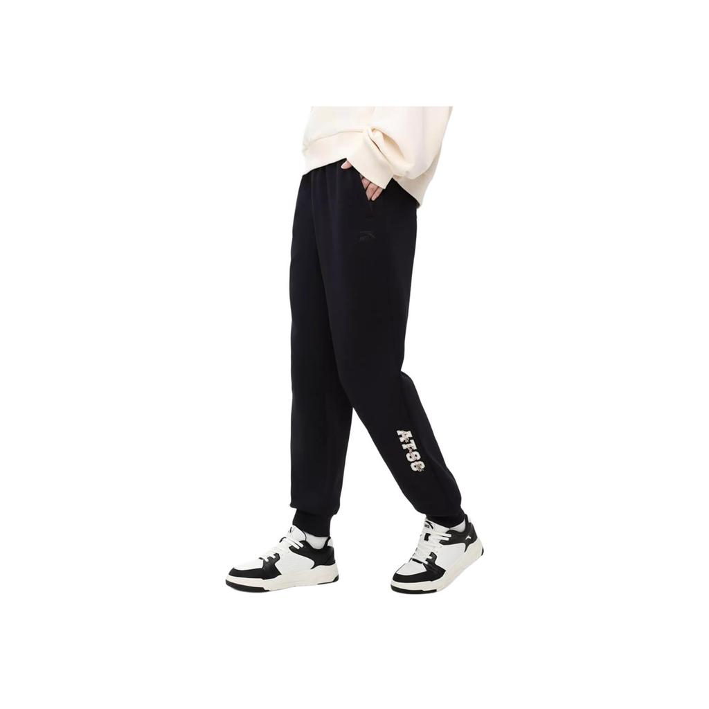 Anta Lifestyle Series Solid Color Mid Waist Cuffed Fleece Warm Knitted Sports Pants Women bottoms Black 162348302-1