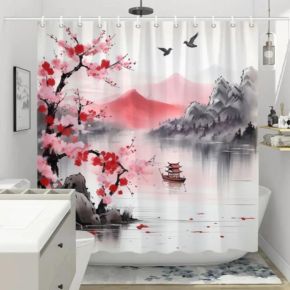 Shower Curtain Red Plum Blossom Branch Japanese Chinese Oriental Sun Misty Mountains Ink Nature Landscape Bathroom Curtains
