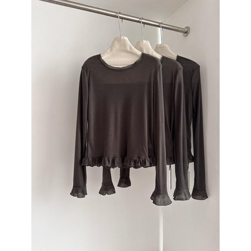 

Wood Ear Collar Long-Sleeve Layering T-Shirt - Gentle Korean Style for Spring One Size