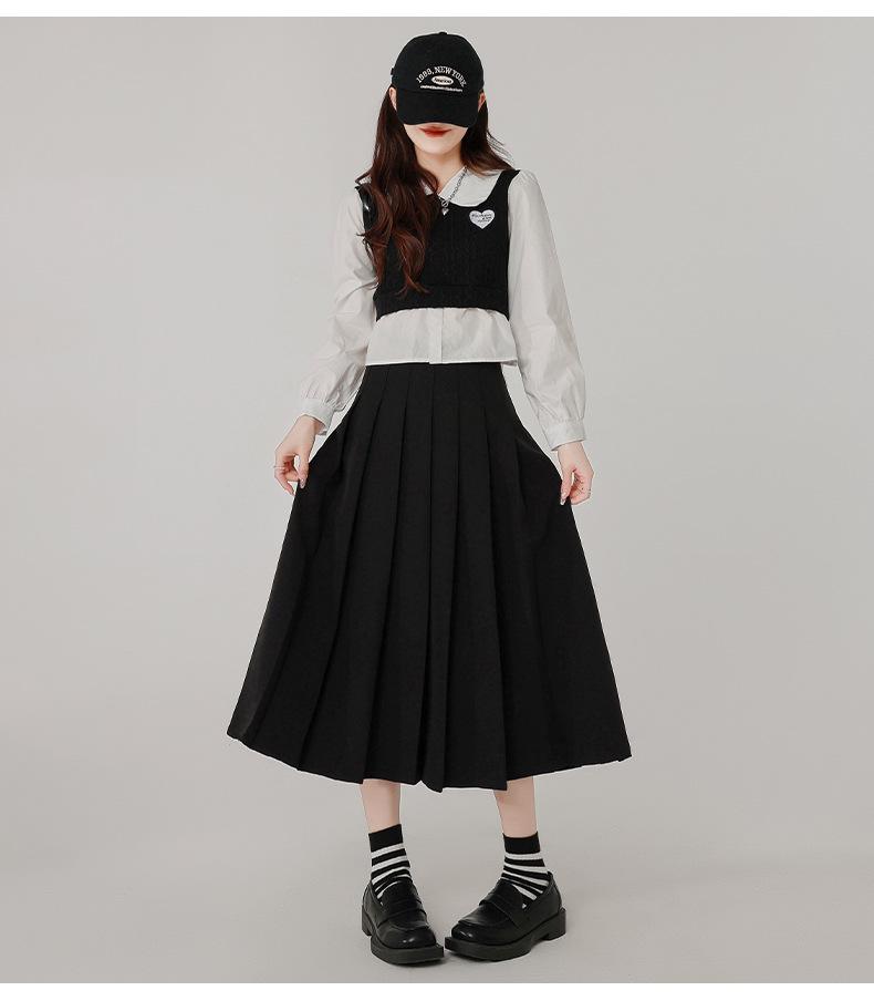 Gray Korean-Style High-Waisted Pleated Midi Skirt for Petite Women: Spring/Autumn A-Line Umbrella Design
