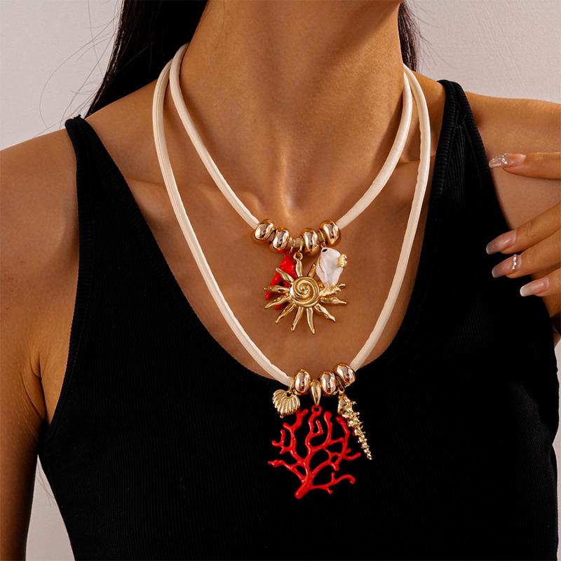 2Pcs/Set Boho Coral Sun Shape Pendant Necklace for Women Punk Round Bead Jewelry Accessories Gifts