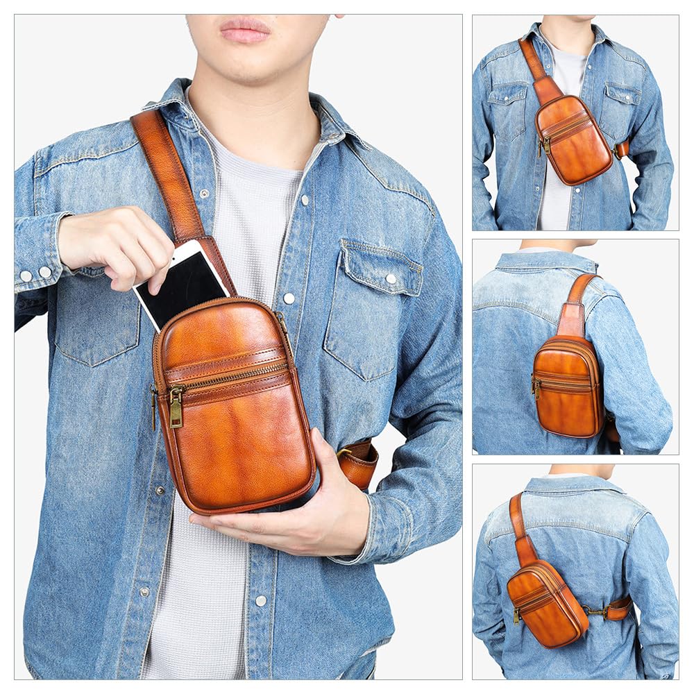 Whatna Antique-Style Tanned Natural Cowhide Leather One-Shoulder Bag for Men, 3-Way, Crossbody, Mini Body Bag, Chest Bag with Two Compartments,