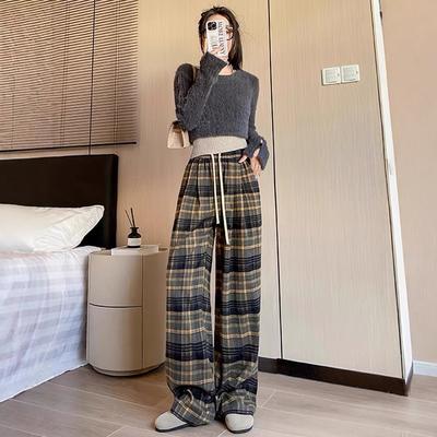 New Autumn and Winter Thickened Matte Plaid Casual Pants for Women Wool Retro Design Draped Straight Wide-leg Pants